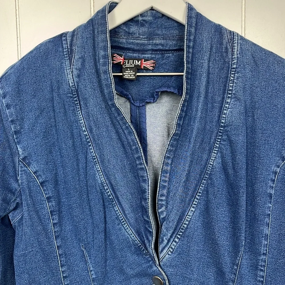 Helium Womens Denim Jacket L Dark Wash Open Front 1 Button Close Zip Pockets EUC